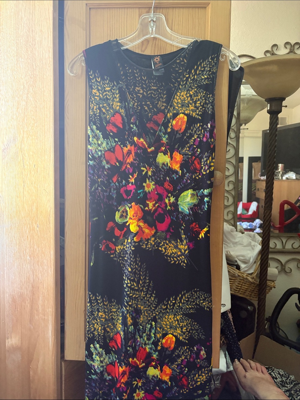 Sexy Jean Paul Gaultier Black Midi Dress with Multicolor Floral Print XL